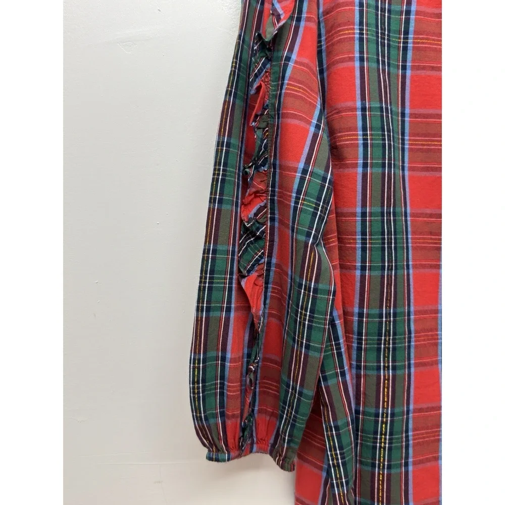 Crown & Ivy Red Tartan Plaid 3/4 Sleeve Blouse‎ Womens Large Ruffle Holiday #37